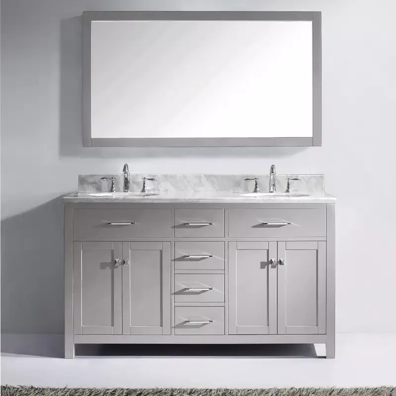 Virtu USA Caroline 60″ Double Bath Vanity in Cashmere Gray with White Marble Top and Square Sinks with Polished Chrome Faucets